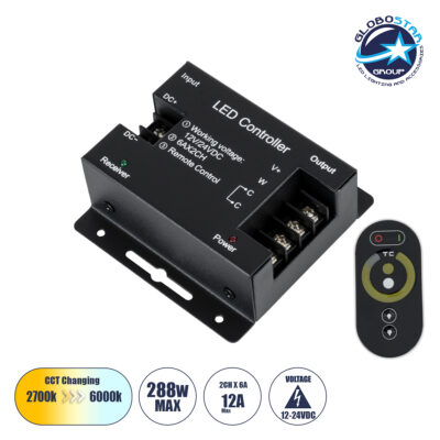 LEDTM® CCTCONTROLLER 73351 Σετ Dimmer / Controller με RF Ασύρματο Χειριστήριο με 2 x 6A 144W Κανάλια DC 12-24V 12A 288W Max IP20 - RF2.4Ghz SYNC - Μ8.3 x Π8.3 x Υ3.2cm - 2 Χρόνια Εγγύηση