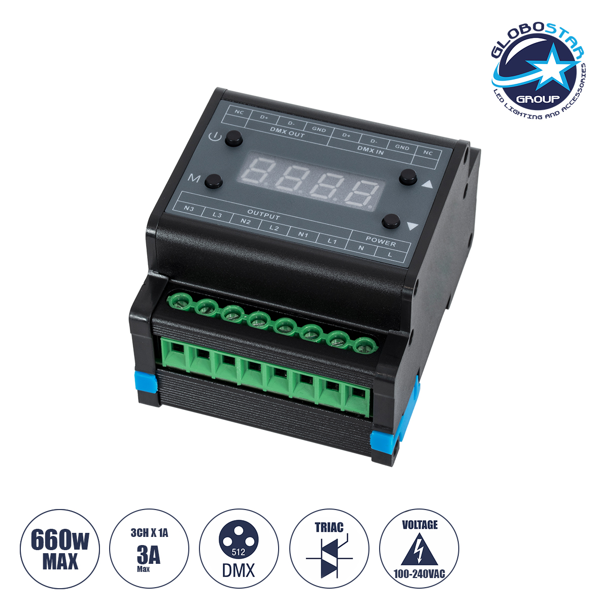 LEDTM® DIMMERAIL 73372 AC Trailing Edge DMX Dimmer Ράγας με 3 x 1A 220W Κανάλια AC 220-240V 3A 660W Max IP20 - DMX512 & RDM - Μ8 x Π9 x Υ6cm - 5 Χρόνια Εγγύηση