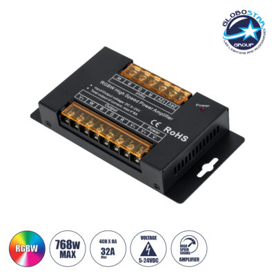 LEDTM® RGBWAMPLIFIER 73394 DC Ενισχυτής Ισχύος & Σήματος Υψηλής Ταχύτητας με 4 x 8A 192W Κανάλια DC 5-24V 32A 720W Max IP20 - Μ14.5 x Π7.5 x Υ2.5cm - 3 Χρόνια Εγγύηση
