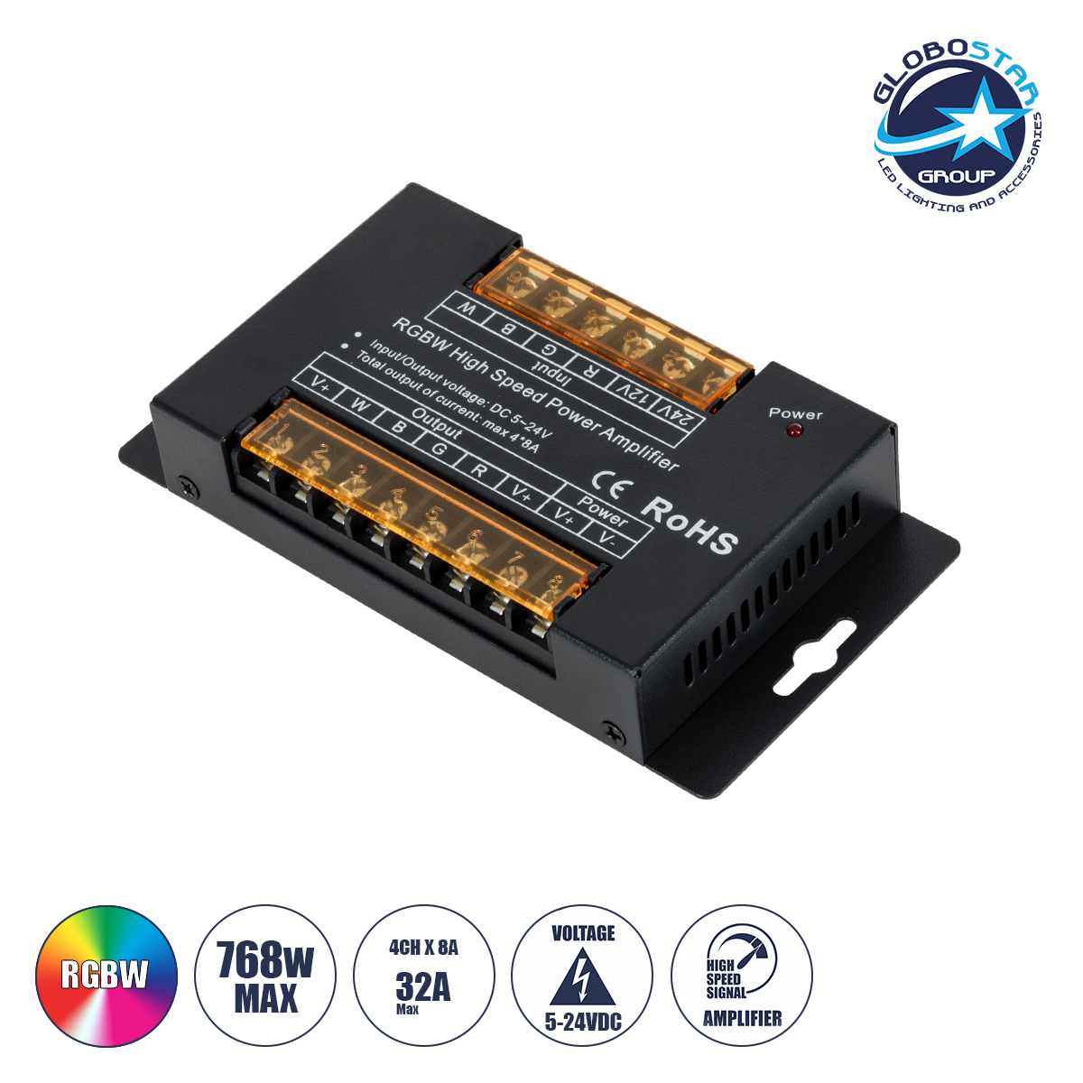 LEDTM® RGBWAMPLIFIER 73394 DC Ενισχυτής Ισχύος & Σήματος Υψηλής Ταχύτητας με 4 x 8A 192W Κανάλια DC 5-24V 32A 720W Max IP20 - Μ14.5 x Π7.5 x Υ2.5cm - 3 Χρόνια Εγγύηση