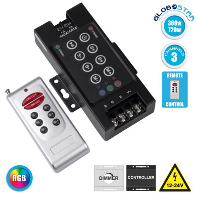 LEDTM® RGBCONTROLLER 73405 Dimmer / Controller με RF Ασύρματο Χειριστήριο με 3 x 10A 240W Κανάλια DC 12-24V 30A 720W Max IP20 - RF2.4Ghz - Μ12.1 x Π7.5 x Υ2.5cm - 2 Χρόνια Εγγύηση