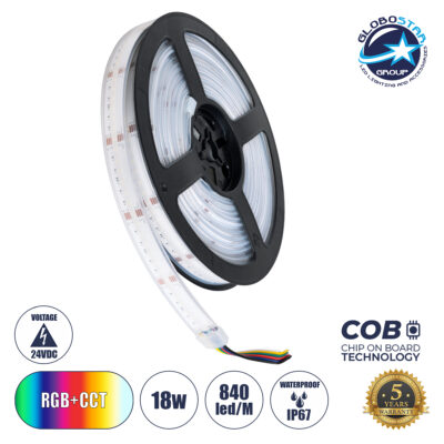 LEDTM® BEE 73416 Ταινία LED 18W/m 1980lm/m 120° DC 24V Αδιάβροχη IP67 840 x COB Chip/m Πολύχρωμο RGBW+WW Dimmable - Sanan COB Chip - Μ500 x Π1.2 x Υ0.2cm - Ρολό 5 Μέτρων - 5 Χρόνια Εγγύηση