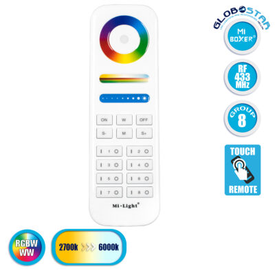 LEDTM® 73426 FUT089 Mi-Light Ασύρματο Χειριστήριο Αφής RF 2.4Ghz 8 Group για όλα τα RGBW+WW Mi-BOXER Controller DC 3V 2 x AAA - IP20 Λευκό - Μ15.6 x Π5.4 x Υ2.5cm - 5 Years Warranty