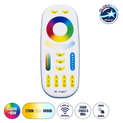 LEDTM® 73434 FUT092 Mi-Light Ασύρματο Χειριστήριο Αφής RF 2.4Ghz 4 Group για όλα τα RGBW+WW Mi-BOXER Controller DC 3V 2 x AAA - IP20 Λευκό - Μ13.7 x Π5.5 x Υ2cm - 5 Years Warranty