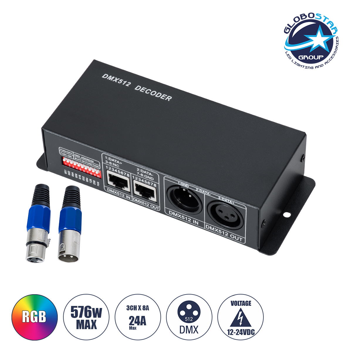 LEDTM® RGBCONTROLLER 73490 DC DMX Master Dimmer / Controller / Decoder Υψηλής Ταχύτητας με 3 x 8A 192W Κανάλια DC 12-24V 24A 576W Max IP20 - DMX512 & RDM - Μ16 x Π9 x Υ6cm - 2 Χρόνια Εγγύηση
