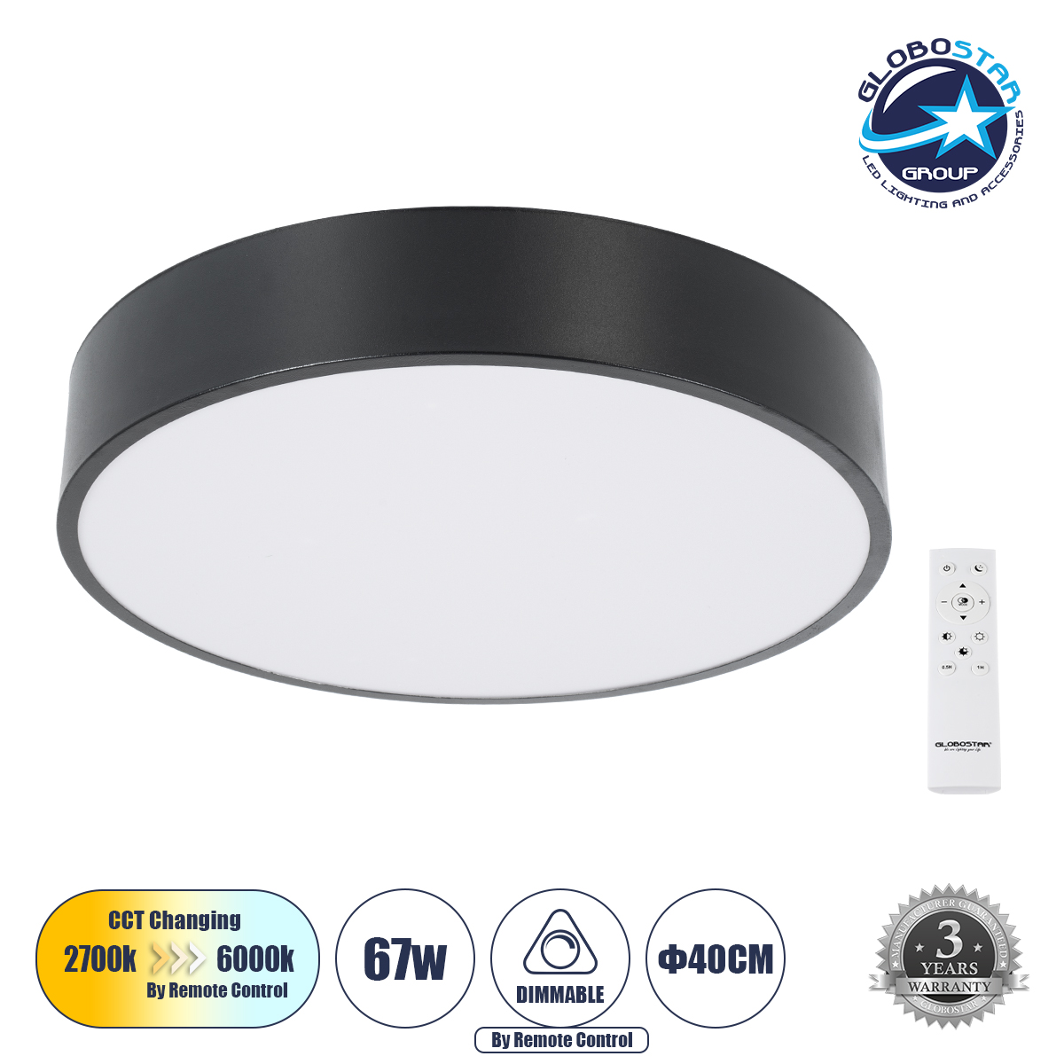 LEDTM® BURTON 61200-S Μοντέρνο Φωτιστικό Οροφής LED 67W 7370lm 120° AC 220-240V IP20 Ρυθμιζόμενο Λευκό CCT με Χειριστήριο από 2700K έως 6000K Dimmable - Lumileds SMD Chip - Μαύρο Ματ - Μ40 x Π40 x Υ8cm - 3 Χρόνια Εγγύηση
