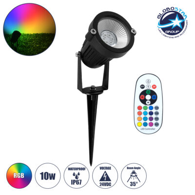 LEDTM® TREECOBO 75588 Φωτιστικό Σποτ για Φυτά - Δέντρα με Βάση Κήπου / Καρφωτό με IR Ασύρματο Χειριστήριο LED 10W 800lm 35° DC 24V Αδιάβροχο IP67 Πολύχρωμο RGB Dimmable - Epistar SMD Chip - Μαύρο - Μ6 x Π6 x Υ12.5cm - 2 Χρόνια Εγγύηση