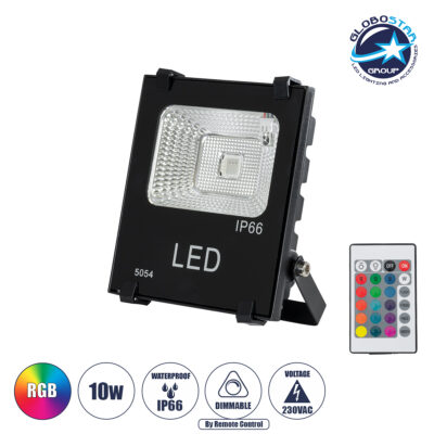 LEDTM® RGBFLOOD 75600 Προβολέας με IR Ασύρματο Χειριστήριο LED 10W 650lm 120° AC 220-240V Αδιάβροχο IP66 Πολύχρωμο RGB Dimmable - Μαύρο Ματ - Μ11 x Π4 x Υ13.5cm - 2 Χρόνια Εγγύηση