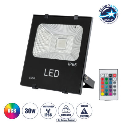 LEDTM® RGBFLOOD 75601 Προβολέας με IR Ασύρματο Χειριστήριο LED 30W 1950lm 120° AC 220-240V Αδιάβροχο IP66 Πολύχρωμο RGB Dimmable - Μαύρο Ματ - Μ17 x Π4.5 x Υ20cm - 2 Χρόνια Εγγύηση