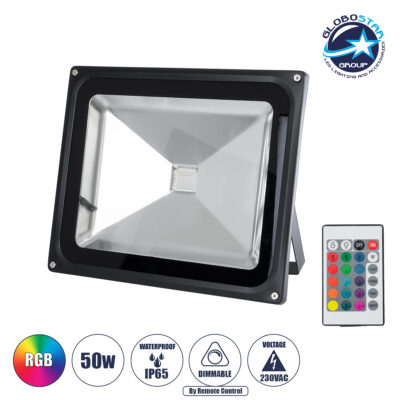 LEDTM® RGBFLOOD 75602 Προβολέας με IR Ασύρματο Χειριστήριο LED 50W 3250lm 120° AC 220-240V Αδιάβροχο IP66 Πολύχρωμο RGB Dimmable - Μαύρο Ματ - Μ28.5 x Π23.5 x Υ10cm - 2 Χρόνια Εγγύηση