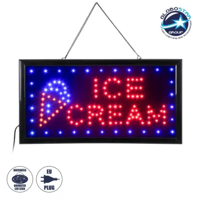 LEDTM® 75691 Φωτιστικό Ταμπέλα LED Ορθογώνια Σήμανσης ICE CREAM με Πρίζα AC 230V Μ48 x Π25 x Υ2cm