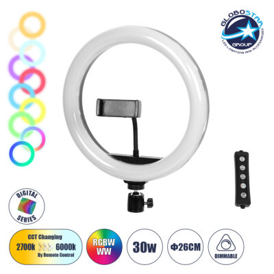 LEDTM® 75801 Professional Digital Ring Light Φ26cm LED SMD 30W 3000lm 180° DC 5V με Καλώδιο Τροφοδοσίας USB - Ενσωματωμένο Χειριστήριο Εναλλαγής Χρωμάτων & 1 Βάση Τηλεφώνου - Πολύχρωμο RGBW+WW Dimmable