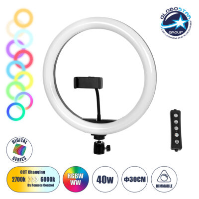 LEDTM® 75802 Professional Digital Ring Light Φ30cm LED SMD 40W 4000lm 180° DC 5V με Καλώδιο Τροφοδοσίας USB - Ενσωματωμένο Χειριστήριο Εναλλαγής Χρωμάτων & 1 Βάση Τηλεφώνου - Πολύχρωμο RGBW+WW Dimmable