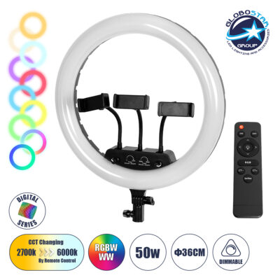 LEDTM® 75804 Professional Digital Ring Light Φ36cm LED SMD 50W 5000lm 180° AC 230V με Καλώδιο Τροφοδοσίας Πρίζας - Ασύρματο Χειριστήριο RF 2.4Ghz Εναλλαγής Χρωμάτων & 3 Βάσεις Τηλεφώνου - Πολύχρωμο RGBW+WW Dimmable