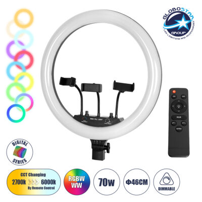 LEDTM® 75805 Professional Digital Ring Light Φ46cm LED SMD 70W 7000lm 180° AC 230V με Καλώδιο Τροφοδοσίας Πρίζας - Ασύρματο Χειριστήριο RF 2.4Ghz Εναλλαγής Χρωμάτων & 3 Βάσεις Τηλεφώνου - Πολύχρωμο RGBW+WW Dimmable