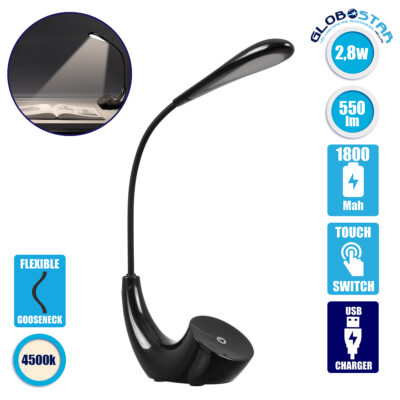 LEDTM® TEBLARO 76501 Μοντέρνο Επιτραπέζιο Φωτιστικό Γραφείου LED 2.8W 550lm 90° DC 5V με USB-C με Επαναφορτιζόμενη Μπαταρία Li-ion 3.7V 1x18650 1800mAh IP20 Φυσικό Λευκό 4500K - Sanan SMD Chip - Μαύρο - Μ15.5 x Π7.5 x Υ44.5cm - 2 Χρόνια Εγγύηση