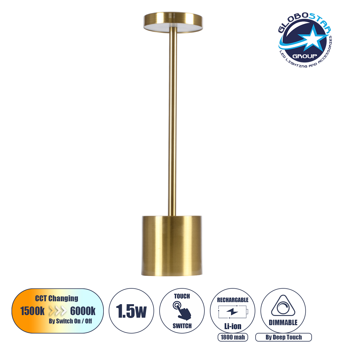 LEDTM® JOJO 76523 Μοντέρνο Επιτραπέζιο Φωτιστικό LED 1.5W 105lm 120° DC 5V με USB με Επαναφορτιζόμενη Μπαταρία Li-ion 3.7V 1800mAh IP44 Ρυθμιζόμενο Λευκό CCT με Αφή 1500K/4500K/6000K Dimmable - Lumileds SMD Chip - Χρυσό - Μ8 x Π8 x Υ34cm - 2 Χρόνια Εγγύηση