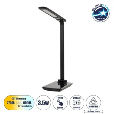 LEDTM® ONO 76533 Μοντέρνο Επιτραπέζιο Φωτιστικό Γραφείου με Ασύρματη Φόρτιση 10W 2A LED 3.5W 350lm 90° DC 5V με USB-C IP20 Ρυθμιζόμενο Λευκό CCT με Αφή 2700K/4500K/6000K Dimmable - Sanan SMD Chip - Μαύρο - Μ18 x Π12 x Υ36cm - 2 Χρόνια Εγγύηση