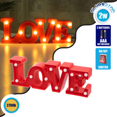 LEDTM® LOVE BOMBING 76548 Μοντέρνο Επιτραπέζιο Φωτιστικό Πορτατίφ LED 2W 120lm 180° DC 3V με Μπαταρίες 2xAAA IP20 Θερμό Λευκό 2700K - Κόκκινο - Μ30 x Π10.7 x Υ4cm - 2 Χρόνια Εγγύηση