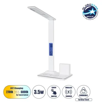 LEDTM® ZENTIME 76554 Μοντέρνο Επιτραπέζιο Φωτιστικό Γραφείου με Ασύρματη Φόρτιση 15W 3A & Ψηφιακό Ρολόι LED 3.5W 350lm 120° DC 5V με USB-C IP20 Ρυθμιζόμενο Λευκό CCT με Αφή 2700K/4500K/6000K Dimmable - Sanan SMD Chip - Μαύρο - Μ19.5 x Π14.5 x Υ38.8cm - 2 Χρόνια Εγγύηση