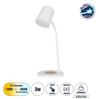 LEDTM® LUCORA 76555 Μοντέρνο Επιτραπέζιο Φωτιστικό Γραφείου με Ασύρματη Φόρτιση 10W 2A & 4W Bluetooth Ηχείο LED 3W 300lm 120° DC 5V με USB-C IP20 Ρυθμιζόμενο Λευκό CCT με Αφή 2700K/4500K/6000K Dimmable - Sanan SMD Chip - Λευκό - Μ12 x Π12 x Υ32cm - 2 Χρόνια Εγγύηση