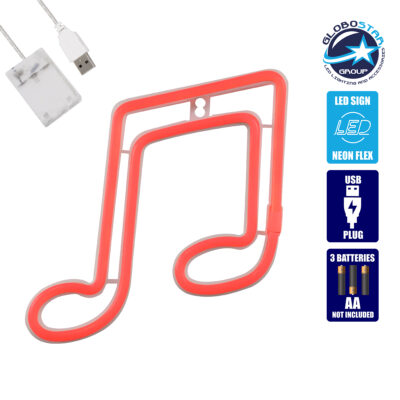 LEDTM® 78569 Φωτιστικό Ταμπέλα Φωτεινή Επιγραφή NEON LED Σήμανσης MUSIC NOTE 5W με Καλώδιο Τροφοδοσίας USB - Μπαταρίας 3xAAA (Δεν Περιλαμβάνονται) - Κόκκινο