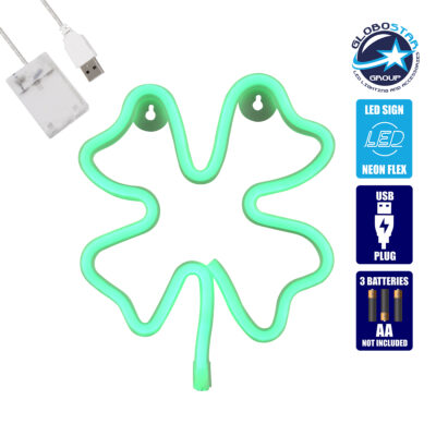 LEDTM® 78572 Φωτιστικό Ταμπέλα Φωτεινή Επιγραφή NEON LED Σήμανσης FOUR LEAF CLOVER 5W με Καλώδιο Τροφοδοσίας USB - Μπαταρίας 3xAAA (Δεν Περιλαμβάνονται) - Πράσινο