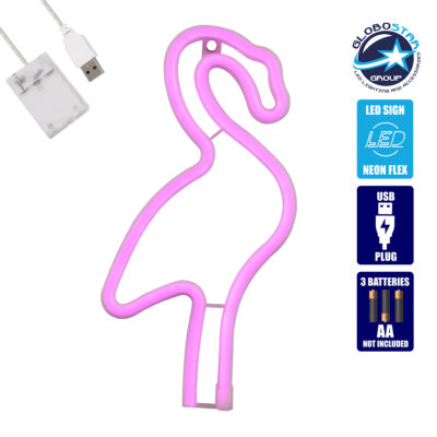 LEDTM® 78573 Φωτιστικό Ταμπέλα Φωτεινή Επιγραφή NEON LED Σήμανσης FLAMINGO 5W με Καλώδιο Τροφοδοσίας USB - Μπαταρίας 3xAAA (Δεν Περιλαμβάνονται) - Ροζ