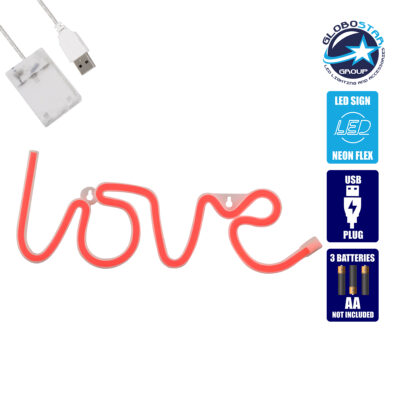 LEDTM® 78587 Φωτιστικό Ταμπέλα Φωτεινή Επιγραφή NEON LED Σήμανσης LOVE 5W με Καλώδιο Τροφοδοσίας USB - Μπαταρίας 3xAAA (Δεν Περιλαμβάνονται) - Κόκκινο