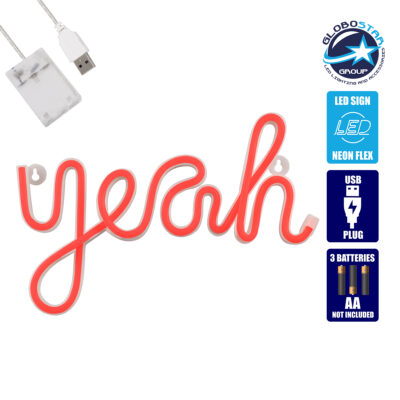 LEDTM® 78589 Φωτιστικό Ταμπέλα Φωτεινή Επιγραφή NEON LED Σήμανσης YEAH 5W με Καλώδιο Τροφοδοσίας USB - Μπαταρίας 3xAAA (Δεν Περιλαμβάνονται) - Κόκκινο