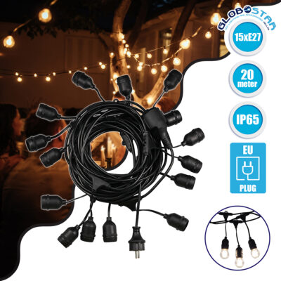 LEDTM® E27GARLAND 78985 Μοντέρνο Φωτιστικό Κήπου Γιρλάντα 20m με Ντουί 15 x E27 & Πρίζα Schuko Επεκτεινόμενη 90° AC 220-240V IP65 - Μαύρο - Μ1500 x Π127 x Υ16cm