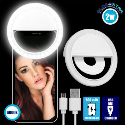 LEDTM® 79042 Selfie Ring Light LED SMD 2W 200 lm Λευκό Σώμα με Ενσωματωμένη Επαναφορτιζόμενη Μπαταρία 500mAh & Καλώδιο Φόρτισης Micro USB Ψυχρό Λευκό 6000 K για Κινητό Τηλέφωνο και Tablet Φ8.5 x Υ2.5cm
