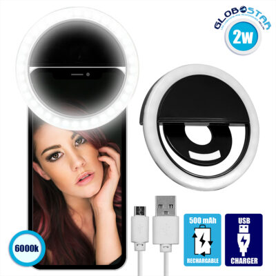 LEDTM® 79043 Selfie Ring Light LED SMD 2W 200 lm Μαύρο Σώμα με Ενσωματωμένη Επαναφορτιζόμενη Μπαταρία 500mAh & Καλώδιο Φόρτισης Micro USB Ψυχρό Λευκό 6000 K για Κινητό Τηλέφωνο και Tablet Φ8.5 x Υ2.5cm