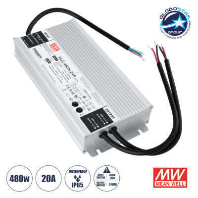 LEDTM® MEANWELL-HLG480H-24A 90795 Τροφοδοτικό/Μετασχηματιστής Class I SELV 480W 20A AC 220-240V σε DC 24V Αδιάβροχο IP65 - Ρυθμιζόμενo από DC 20.4V έως DC 25.2V - Ασημί - Μ26.2 x Π12.5 x Υ4.4cm - 3 Χρόνια Εγγύηση