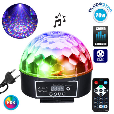 LEDTM® 79602 LED Party Disco Μπάλα με Περιστρεφόμενα Φωτορυθμικά Εφέ Πολύχρωμη RGB DMX512 20W με Sound Control Activated Εφέ και με Ασύρματο Χειριστήριο AC 230V IP20 Φ17 x Υ15cm