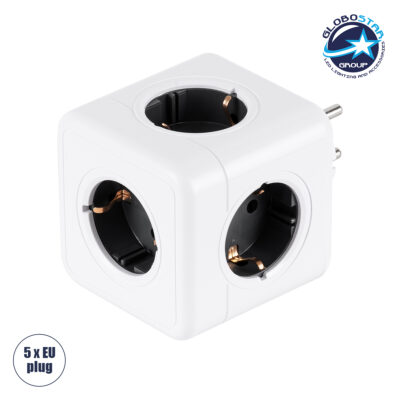LEDTM® POWERCUBE 79627 Πολύπριζο 5 Θέσεων με 5 x EU Schuko Πρίζες Ασφαλείας Childproof AC 220-240V 3680W/16A Max Load IP20 - Λευκό & Γκρι - Μ7.5 x Π11.5 x Υ7.5cm