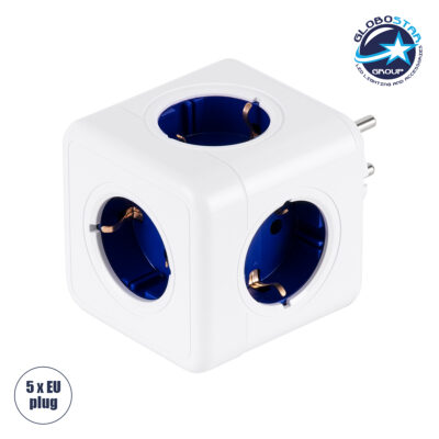 LEDTM® POWERCUBE 79629 Πολύπριζο 5 Θέσεων με 5 x EU Schuko Πρίζες Ασφαλείας Childproof AC 220-240V 3680W/16A Max Load IP20 - Λευκό & Μπλε - Μ7.5 x Π11.5 x Υ7.5cm