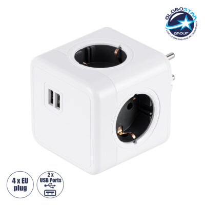 LEDTM® POWERCUBE 79633 Πολύπριζο 6 Θέσεων με 2 x Πρίζες DC 5V USB 2.0 & 4 x EU Schuko Πρίζες Ασφαλείας Childproof AC 220-240V 3680W/16A Max Load IP20 - Λευκό & Γκρι - Μ7.5 x Π11.5 x Υ7.5cm