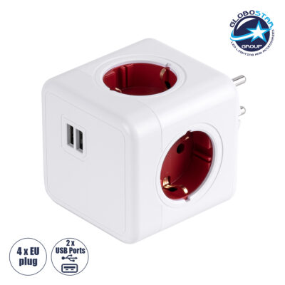 LEDTM® TRAVEL PowerCube PRO Certified 79634 Πολύπριζο 6 Θέσεων με 4 Πρίζες Ασφαλείας Childproof EU Schuko AC 220-240V & 2 Πρίζες USB Max 2.1A/DC 5V Μ7.5 x Π11.5 x Υ7.5 - Λευκό με Κόκκινο - Max Load 3680W/16A