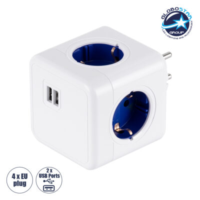 LEDTM® TRAVEL PowerCube PRO Certified 79638 Πολύπριζο 6 Θέσεων με 4 Πρίζες Ασφαλείας Childproof EU Schuko AC 220-240V & 2 Πρίζες USB Max 2.1A/DC 5V Μ7.5 x Π11.5 x Υ7.5 - Λευκό με Μπλε - Max Load 3680W/16A