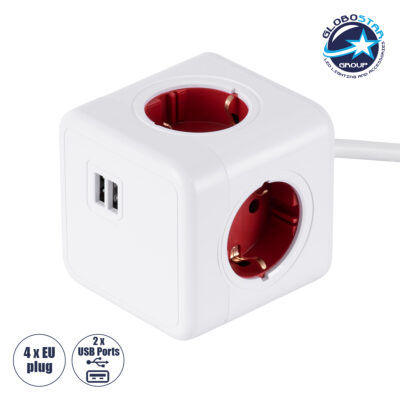 LEDTM® TRAVEL PowerCube PRO Certified 79642 Πολύπριζο 6 Θέσεων με 1.5m Kαλώδιο - 4 Πρίζες Ασφαλείας Childproof EU Schuko AC 220-240V & 2 Πρίζες USB Max 2.1A/DC 5V Μ7.5 x Π7.5 x Υ7.5 - Λευκό με Κόκκινο - Max Load 3680W/16A