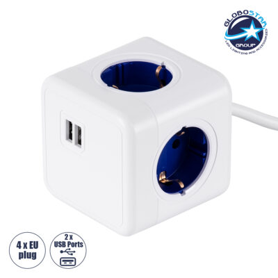 LEDTM® TRAVEL PowerCube PRO Certified 79643 Πολύπριζο 6 Θέσεων με 1.5m Kαλώδιο - 4 Πρίζες Ασφαλείας Childproof EU Schuko AC 220-240V & 2 Πρίζες USB Max 2.1A/DC 5V Μ7.5 x Π7.5 x Υ7.5 - Λευκό με Μπλε - Max Load 3680W/16A