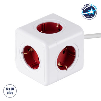 LEDTM® TRAVEL PowerCube PRO Certified 79645 Πολύπριζο 5 Θέσεων με 1.5m Kαλώδιο - 5 Πρίζες Ασφαλείας Childproof EU Schuko AC 220-240V Μ7.5 x Π11.5 x Υ7.5 - Λευκό με Κόκκινο - Max Load 3680W/16A