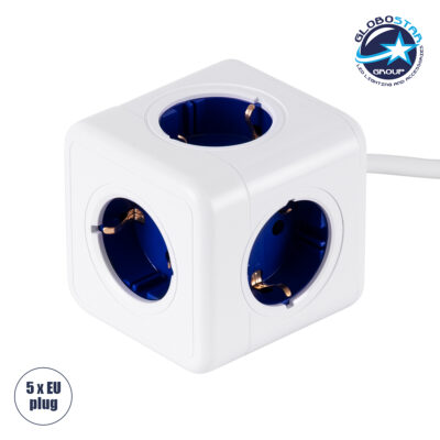 LEDTM® TRAVEL PowerCube PRO Certified 79646 Πολύπριζο 5 Θέσεων με 1.5m Kαλώδιο - 5 Πρίζες Ασφαλείας Childproof EU Schuko AC 220-240V Μ7.5 x Π11.5 x Υ7.5 - Λευκό με Μπλε - Max Load 3680W/16A