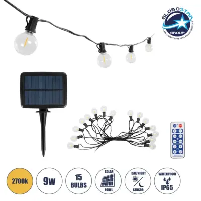 LEDTM® TWILIGHT 79667 Μοντέρνο Φωτιστικό Κήπου Γιρλάντα 7.7m με 15 Λάμπες & IR Ασύρματο Χειριστήριο LED 9W 810lm 360° DC 3.7V με Ενσωματωμένο Φωτοβολταϊκό Panel 5.5V 1.5W & Επαναφορτιζόμενη Μπαταρία Li-ion 3.6V 1x18650 2200mAh Αδιάβροχο IP65 Θερμό Λευκό 2700Κ Dimmable - Sanan SMD Chip - Μαύρο & Διάφανο - Μ770 x Π4 x Υ7cm - 2 Χρόνια Εγγύηση
