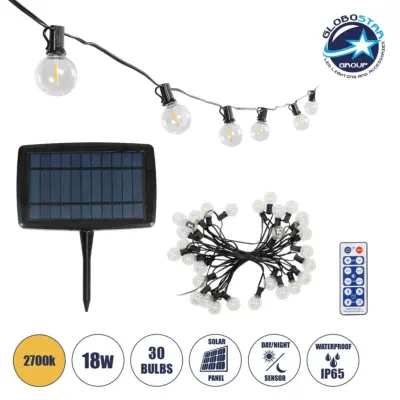 LEDTM® TWILIGHT 79668 Μοντέρνο Φωτιστικό Κήπου Γιρλάντα 10.5m με 30 Λάμπες & IR Ασύρματο Χειριστήριο LED 18W 1620lm 360° DC 3.7V με Ενσωματωμένο Φωτοβολταϊκό Panel 5.5V 3W & Επαναφορτιζόμενη Μπαταρία Li-ion 3.6V 2x18650 4400mAh Αδιάβροχο IP65 Θερμό Λευκό 2700Κ Dimmable - Sanan SMD Chip - Μαύρο & Διάφανο - Μ1050 x Π4 x Υ7cm - 2 Χρόνια Εγγύηση