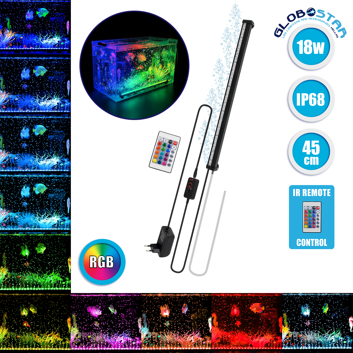 LEDTM® AQUARIUS 79676 Φωτιστικό Ενυδρείου με Οξυγονωτή & IR Ασύρματο Χειριστήριο LED 18W 900lm 180° AC 220-240V Αδιάβροχο IP68 Πολύχρωμο RGB Dimmable - Sanan SMD Chip - Μαύρο - Μ45 x Π2.8 x Υ1.3cm - 2 Χρόνια Εγγύηση