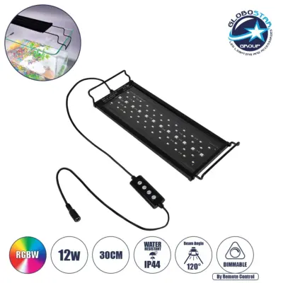 LEDTM® AQUARIUS 79678 Φωτιστικό Ενυδρείου με Ενσωματωμένο Χειριστήριο LED 12W 600lm 120° AC 220-240V Αδιάβροχο IP44 Πολύχρωμο RGBW Dimmable - Sanan SMD Chip - Μαύρο - Μ30 x Π11 x Υ3cm - 2 Χρόνια Εγγύηση