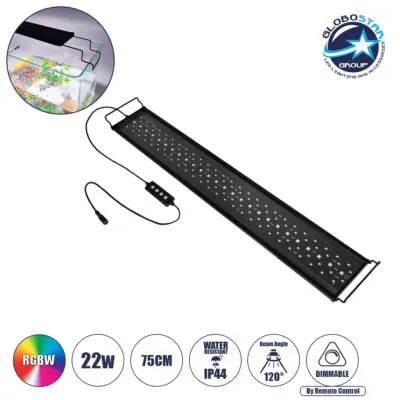 LEDTM® AQUARIUS 79681 Φωτιστικό Ενυδρείου με Ενσωματωμένο Χειριστήριο LED 22W 1100lm 120° AC 220-240V Αδιάβροχο IP44 Πολύχρωμο RGBW Dimmable - Sanan SMD Chip - Μαύρο - Μ75 x Π11 x Υ3cm - 2 Χρόνια Εγγύηση