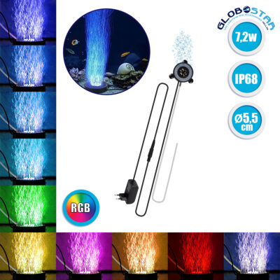 LEDTM® AQUARIUS 79682 Φωτιστικό Ενυδρείου με Οξυγονωτή LED 7.2W 360lm 180° AC 220-240V Αδιάβροχο IP68 Πολύχρωμο RGB - Sanan SMD Chip - Μαύρο - Μ5.5 x Π5.5 x Υ2.1cm - 2 Χρόνια Εγγύηση